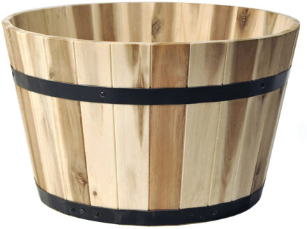 Mega Collections Plantenbak/bloempot - Low Barrel - acacia hout - naturel bruin - D33 x H21 cm