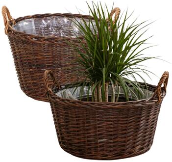 Mega Collections plantenmand Santa Fe - 2x - D35 x H24 cm - incl handgreep - rotan