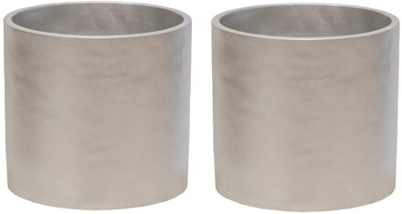 Mega Collections Plantenpot - 2x - keramiek - zilver - D14 cm - Plantenpotten Zilverkleurig