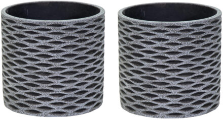 Mega Collections Plantenpot/bloempot - 2x - keramiek - antraciet/grijs - visgraat motief - D13.5 x H12.5 cm