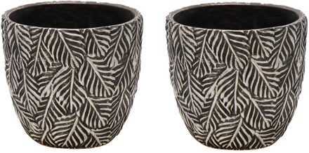 Mega Collections Plantenpot/bloempot - 2x - keramiek - antraciet/zilver - bladmotief - D14 x H13 cm