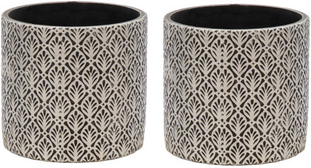 Mega Collections Plantenpot/bloempot - 2x - keramiek - antraciet/zilver - Oosters motief - D14 x H13 cm