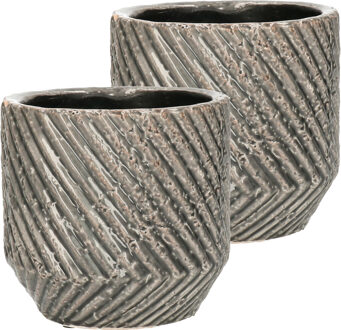 Mega Collections Plantenpot/bloempot - 2x - keramiek - donker/grijs - relief - D13.5 x H12.5 cm