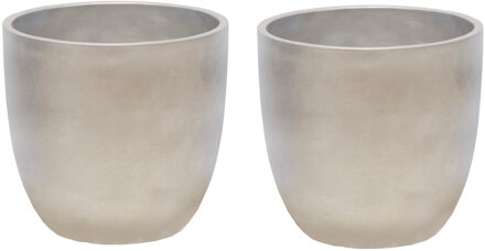 Mega Collections Plantenpot/bloempot - 2x - keramiek - zilver - bladmotief - D14 x H13 cm