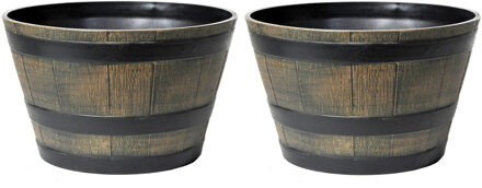 Mega Collections Plantenpot/bloempot - 2x - kunststof - bruin - houtmotief - D44 x H26 cm