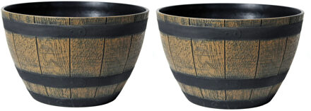 Mega Collections Plantenpot/bloempot - 2x - kunststof - bruin - rond - houtmotief - D40 x H25 cm