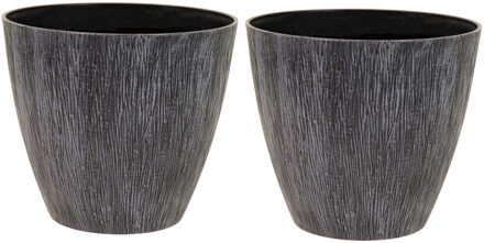 Mega Collections Plantenpot/bloempot - 2x - kunststof - donkergrijs - relief - Tuin buiten - D18 x H16 cm