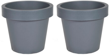 Mega Collections Plantenpot/bloempot - 2x - kunststof - grijs - buiten - D16 x H14 cm - Plantenpotten