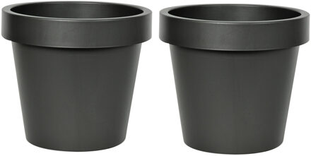 Mega Collections Plantenpot/bloempot - 2x - kunststof - zwart - Tuin buiten - D20 x H18 cm
