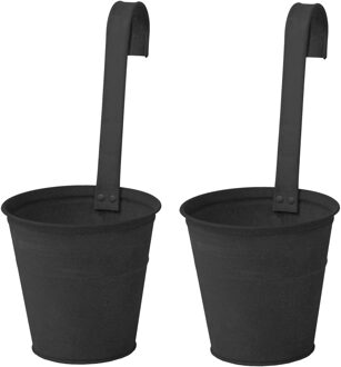 Mega Collections Plantenpot/bloempot - 2x - zink - mat zwart - met ophanghaak - D16 x H35 cm
