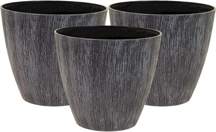 Mega Collections Plantenpot/bloempot - 3x - kunststof - donkergrijs - relief - buiten - D18 x H16 cm