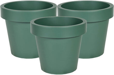 Mega Collections Plantenpot/bloempot - 3x - kunststof - donkergroen - buiten - D16 x H14 cm