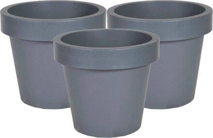 Mega Collections Plantenpot/bloempot - 3x - kunststof - grijs - buiten - D16 x H14 cm