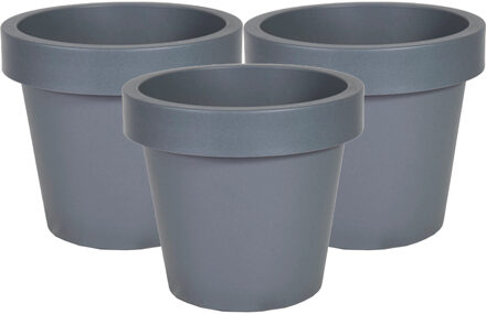 Mega Collections Plantenpot/bloempot - 3x - kunststof - grijs - buiten - D20 x H18 cm