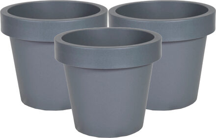 Mega Collections Plantenpot/bloempot - 3x - kunststof - grijs - buiten - D25 x H22 cm