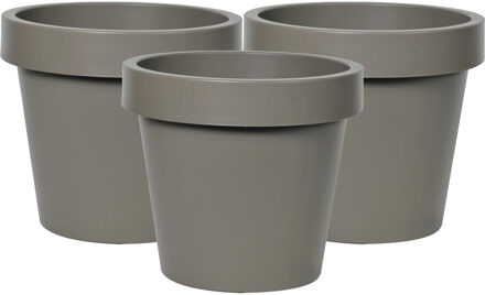 Mega Collections Plantenpot/bloempot - 3x - kunststof - taupe/bruin - Tuin buiten - D25 x H22 cm
