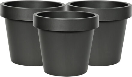 Mega Collections Plantenpot/bloempot - 3x - kunststof - zwart -buiten - D20 x H18 cm
