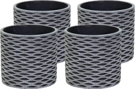 Mega Collections Plantenpot/bloempot - 4x - keramiek - antraciet/grijs - visgraat motief - D11 x H9 cm