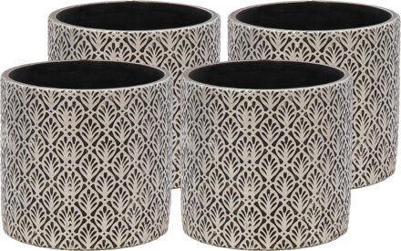 Mega Collections Plantenpot/bloempot - 4x - keramiek - antraciet/zilver - Oosters motief - D11 x H10 cm
