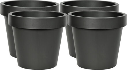 Mega Collections Plantenpot/bloempot - 4x - kunststof - zwart - buiten - D20 x H18 cm