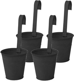Mega Collections Plantenpot/bloempot - 4x - zink - mat zwart - met ophanghaak - D16 x H35 cm