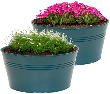 Mega Collections Plantenpot/bloempot Bob - 2x - rond - zink - zeegroen - D25 X H12 cm