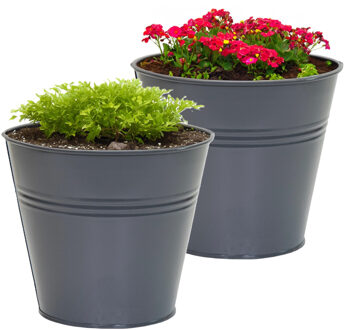 Mega Collections plantenpot/bloempot Bob - 2x - zink - antraciet - D11 X H10 cm - IJzeren emmer / teil Blauw