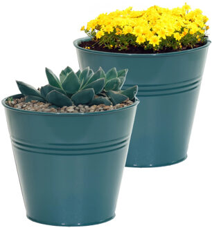 Mega Collections plantenpot/bloempot Bob - 2x - zink - zeegroen - D13 X H12 cm - IJzeren emmer / teil