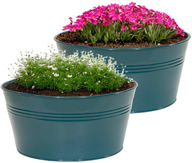 Mega Collections plantenpot/bloempot Bob - 2x - zink - zeegroen - D25 X H12 cm - IJzeren emmer / teil