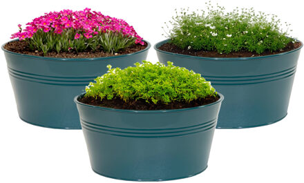 Mega Collections Plantenpot/bloempot Bob - 3x - rond - zink - zeegroen - D25 X H12 cm