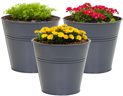 Mega Collections plantenpot/bloempot Bob - 3x - zink - antraciet - D15 X H13 cm - IJzeren emmer / teil