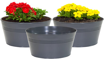 Mega Collections plantenpot/bloempot Bob - 3x - zink - antraciet - D25 X H12 cm - IJzeren emmer / teil