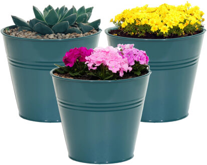 Mega Collections plantenpot/bloempot Bob - 3x - zink - zeegroen - D13 X H12 cm - IJzeren emmer / teil