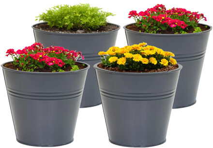 Mega Collections plantenpot/bloempot Bob - 4x - zink - antraciet - D15 X H13 cm - IJzeren emmer / teil