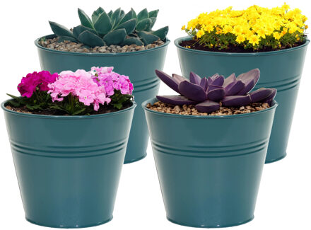 Mega Collections plantenpot/bloempot Bob - 4x - zink - zeegroen - D13 X H12 cm - IJzeren emmer / teil