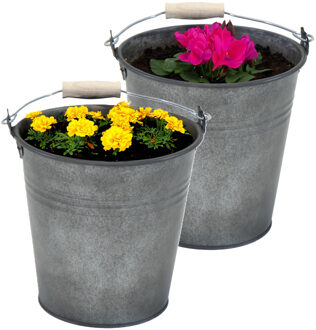 Mega Collections Plantenpot/bloempot emmer Eddy - 2x - zink - vintage antraciet - D13 X H11 cm