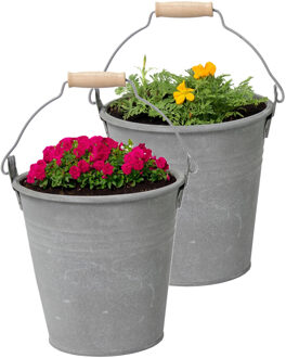 Mega Collections Plantenpot/bloempot emmer Eddy - 2x - zink - zilver - D18 X H18 cm