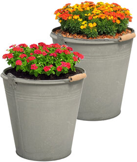 Mega Collections Plantenpot/bloempot emmer Eddy - 2x - zink - zilver - D30 X H29 cm