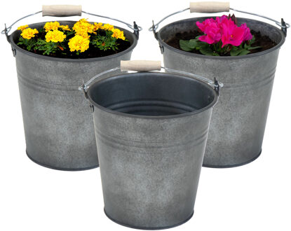 Mega Collections Plantenpot/bloempot emmer Eddy - 3x - zink - vintage antraciet - D13 X H11 cm