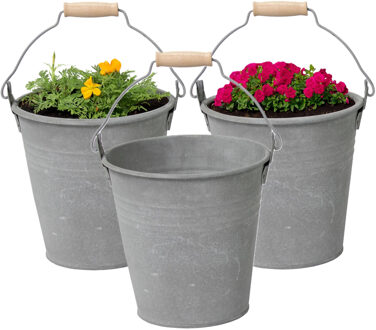 Mega Collections Plantenpot/bloempot emmer Eddy - 3x - zink - zilver - D18 X H18 cm