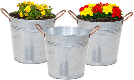 Mega Collections Plantenpot/bloempot emmer Jean - 3x - zink - zilver - D16 X H15 cm