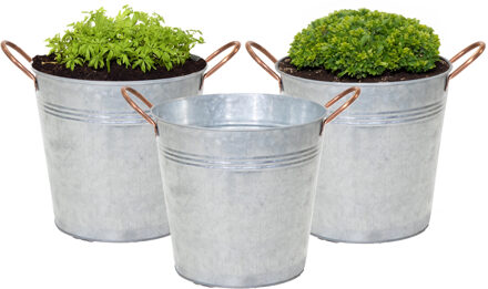 Mega Collections Plantenpot/bloempot emmer Jean - 3x - zink - zilver - D20 X H17 cm