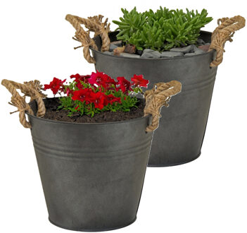 Mega Collections Plantenpot/bloempot emmer Old Rope - 2x - zink - antraciet - D25 X H22 cm