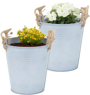 Mega Collections Plantenpot/bloempot emmer Old Rope - 2x - zink - zilver - D18 X H18 cm