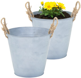Mega Collections Plantenpot/bloempot emmer Old Rope - 2x - zink - zilver - D22 X H20 cm