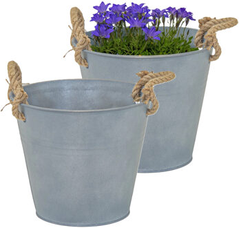 Mega Collections Plantenpot/bloempot emmer Old Rope - 2x - zink - zilver - D25 X H22 cm