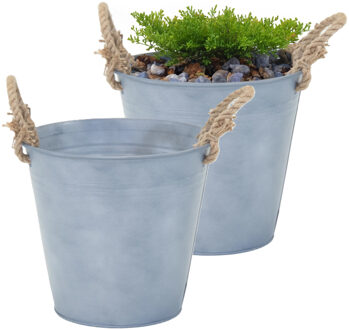 Mega Collections Plantenpot/bloempot emmer Old Rope - 2x - zink - zilver - D28 X H27 cm