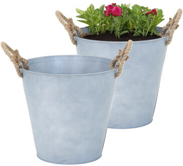 Mega Collections Plantenpot/bloempot emmer Old Rope - 2x - zink - zilver - D30 X H29 cm