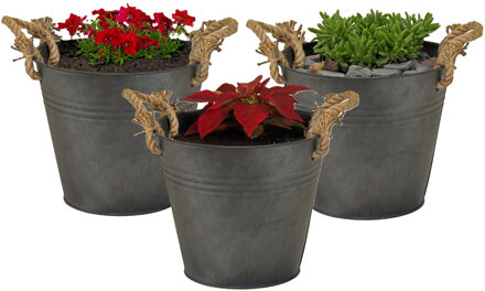 Mega Collections Plantenpot/bloempot emmer Old Rope - 3x - zink - antraciet - D18 X H18 cm