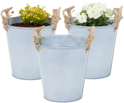 Mega Collections Plantenpot/bloempot emmer Old Rope - 3x - zink - zilver - D18 X H18 cm